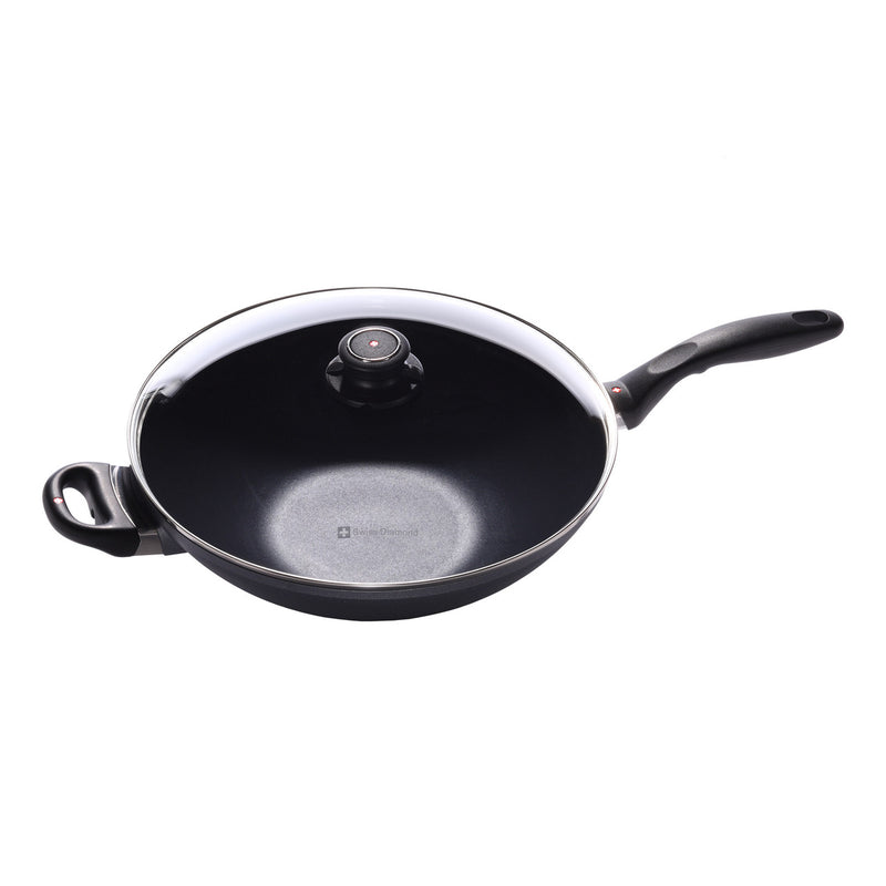 Swiss Diamond HD Nonstick Wok + rack 32 x 9.5cm 5L (15cm Flat Solid Base) with Glass vented Lid