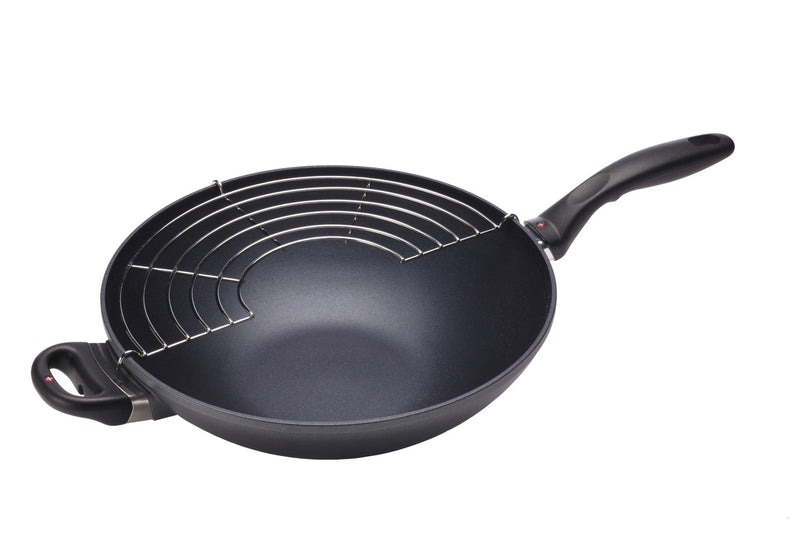 Swiss Diamond HD Nonstick Wok + rack 32 x 9.5cm 5L (15cm Flat Solid Base) with Glass vented Lid