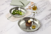Premium steel DLX 2pc fry pan set (28 and 24cm)  life style shot with steak and broccoli